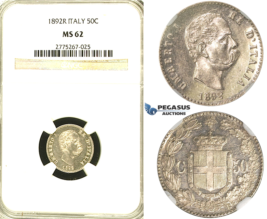 S28, Italy, Umberto I, 50 Centesimi 1892-R, Rome, Silver, NGC MS62 (Full mirror fields) Rare!