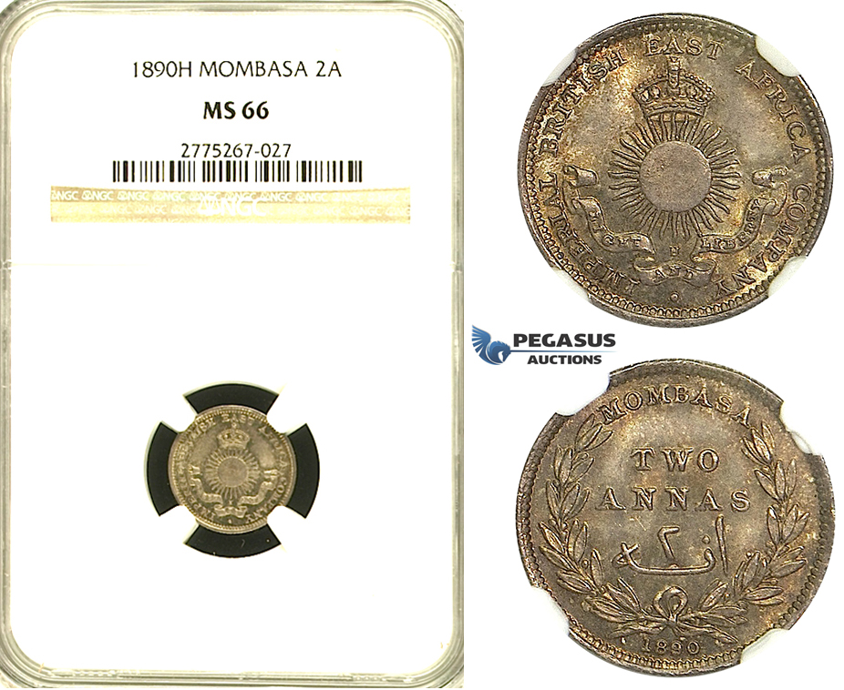 S31, Mombasa, 2 Annas 1890-H, Heaton, Silver, NGC MS66 (Pop 1/5, No finer!)
