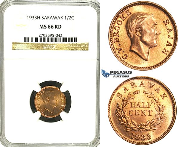 S52, Sarawak, C.V. Brooke, Rajah, ½ Cent 1933-H, Heaton, NGC MS66RD