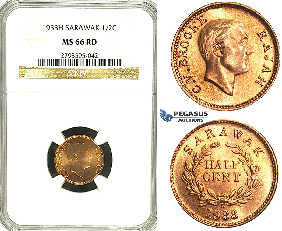 S52, Sarawak, C.V. Brooke, Rajah, ½ Cent 1933-H, Heaton, NGC MS66RD