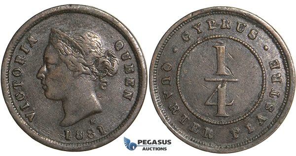 S58, Cyprus, Victoria, 1/4 Piastre 1881-H, Heaton, Nice!