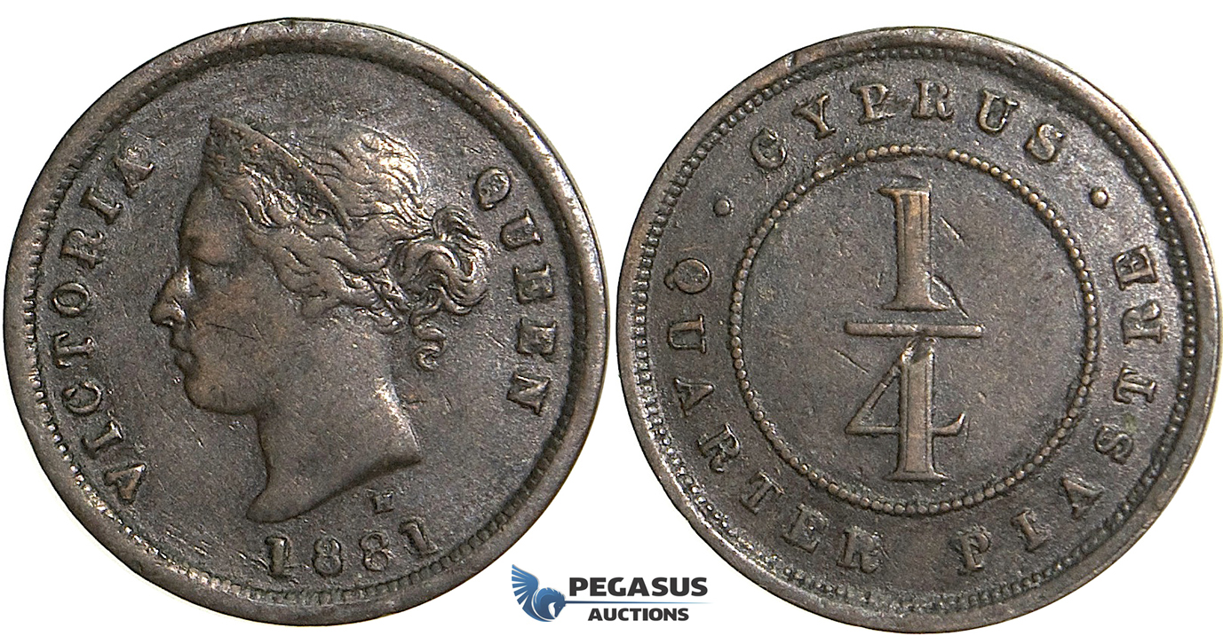 S58, Cyprus, Victoria, 1/4 Piastre 1881-H, Heaton, Nice!
