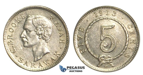 S63, Sarawak, C. Brooke Rajah, 5 Cents 1913-H, Heaton, Silver, High Grade (Lightly cleaned)