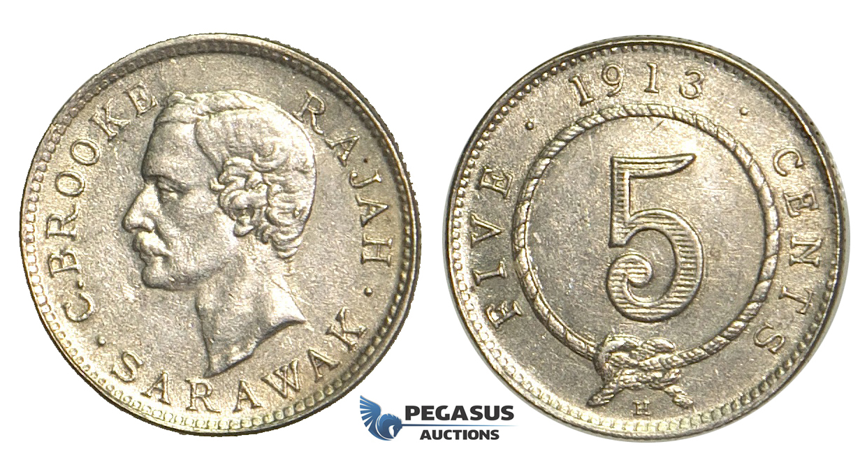 S63, Sarawak, C. Brooke Rajah, 5 Cents 1913-H, Heaton, Silver, High Grade (Lightly cleaned)