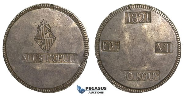 S64, Spain, Palma de Mallorca, Ferdinand VII, 30 Sous 1821, Nice (Few flan cracks)