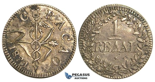 S66, Curacao, 1 Reaal 1821 (4 Acorns) Silver, High Grade, Dark toning, Few Marks!