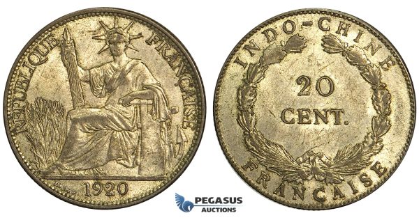 S67, French Indo-China, 20 Centimes 1920, San Francisco, Silver, Uncleaned High Grade