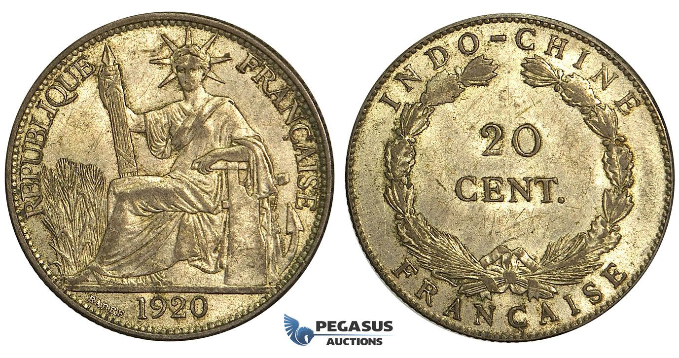 S67, French Indo-China, 20 Centimes 1920, San Francisco, Silver, Uncleaned High Grade