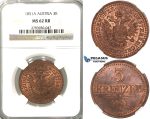 S77, Austria, Franz Joseph, 3 Kreuzer 1851-A, Vienna, NGC MS62RB