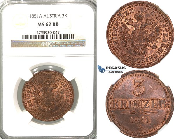 S77, Austria, Franz Joseph, 3 Kreuzer 1851-A, Vienna, NGC MS62RB