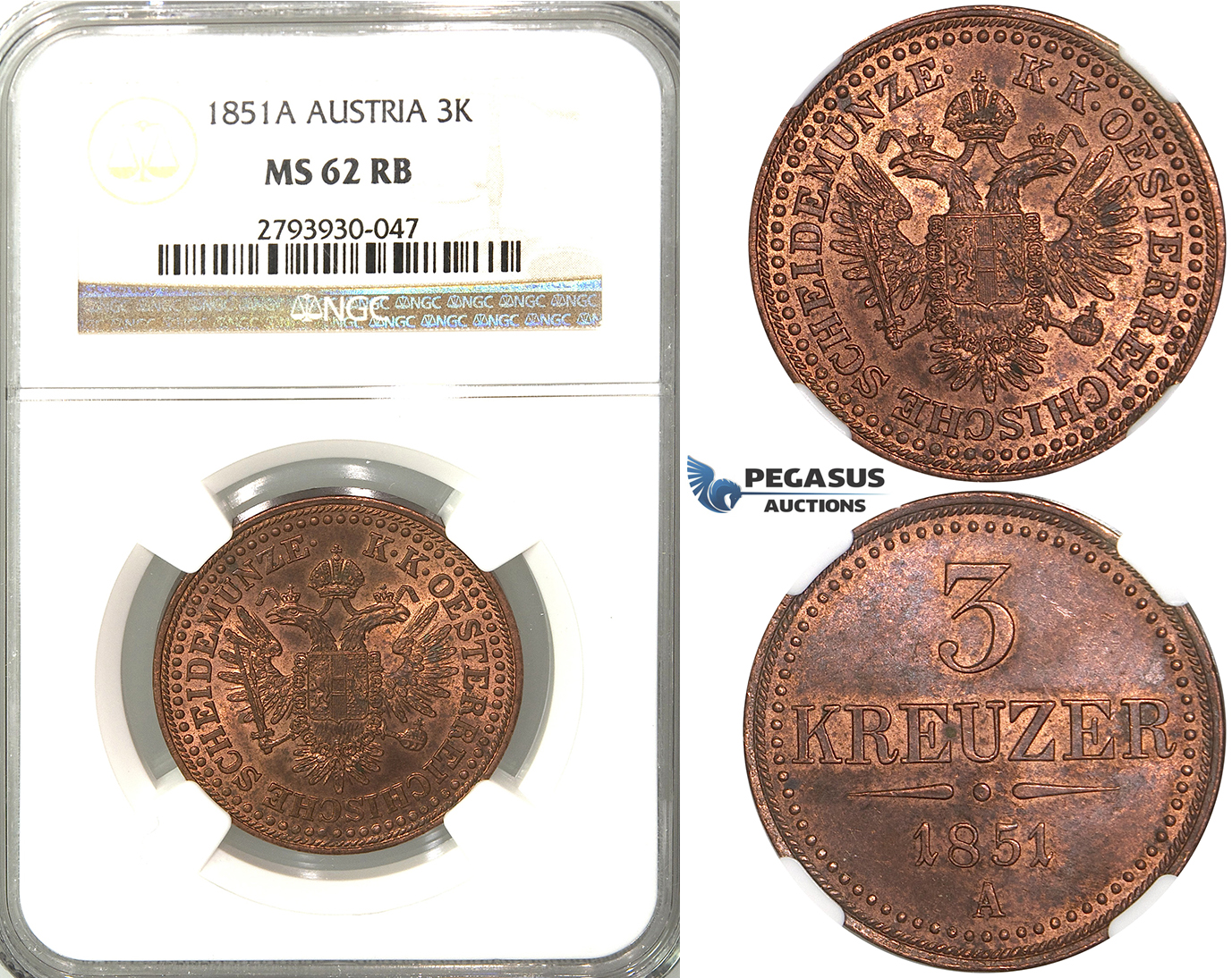 S77, Austria, Franz Joseph, 3 Kreuzer 1851-A, Vienna, NGC MS62RB