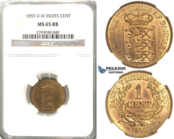 S80, Danish West Indies, Frederik VII, 1 Cent 1859, NGC MS65RB (Prooflike fields) Pop 1/3, No finer!