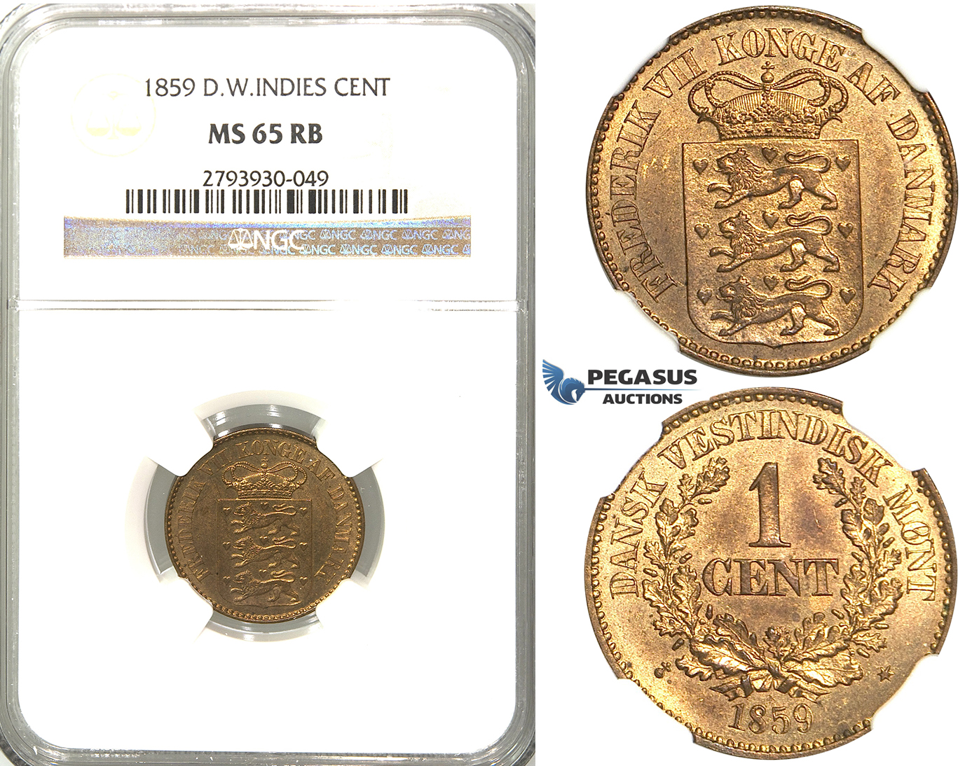 S80, Danish West Indies, Frederik VII, 1 Cent 1859, NGC MS65RB (Prooflike fields) Pop 1/3, No finer!