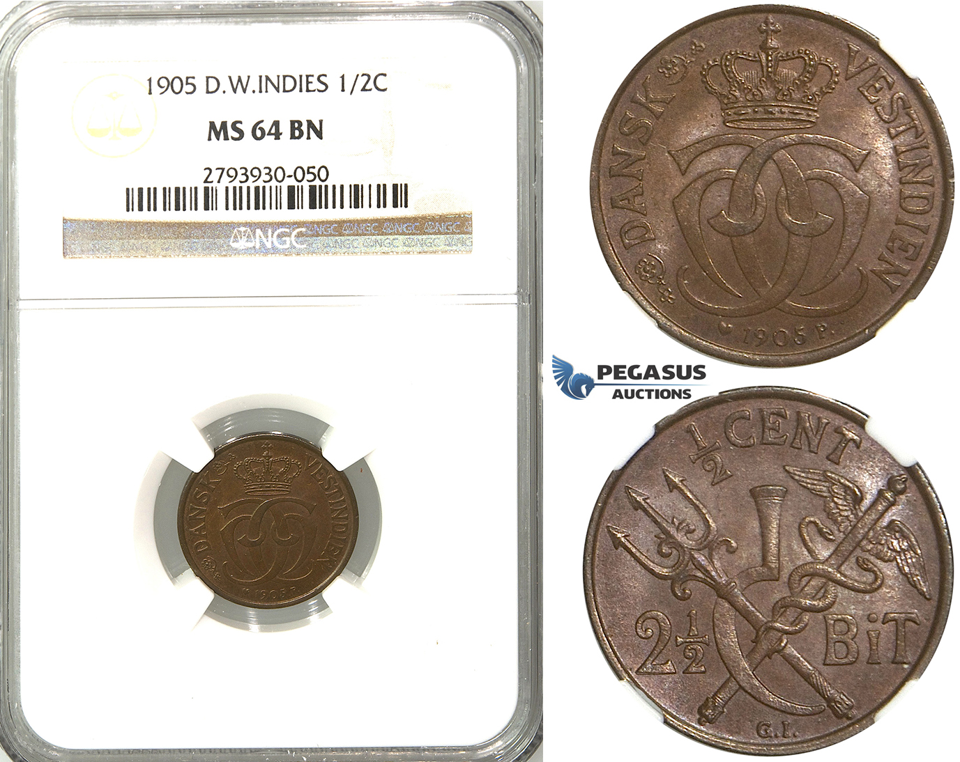 S81, Danish West Indies, Christian IX, 1/2C. (2-1/2 Bit) 1905, Copenhagen, NGC MS64BN