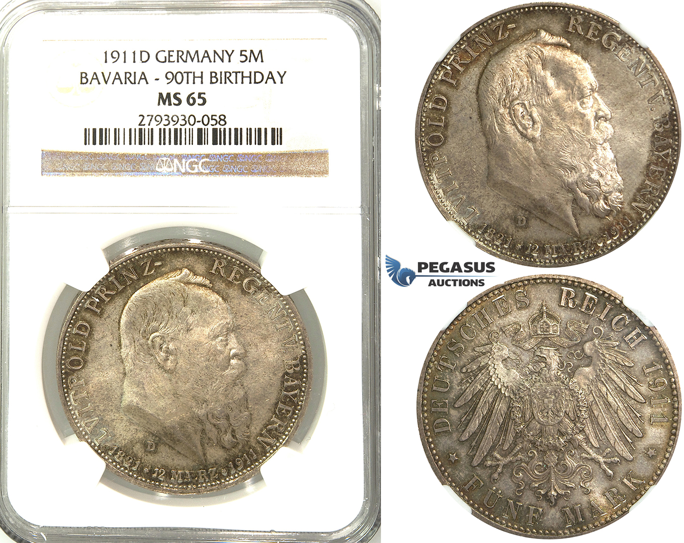 S94, Germany, Bavaria, Prince Leopold, 90th Birthday 5 Mark 1911-D, Munich, Silver, NGC MS65 (Prooflike fields)