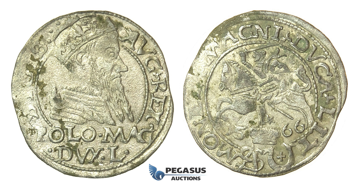 T122, Poland (for Lithuania) Sigismund II Augustus, Groschen 1566-SA, Tykocin, Silver (1.34g) Very Rare!