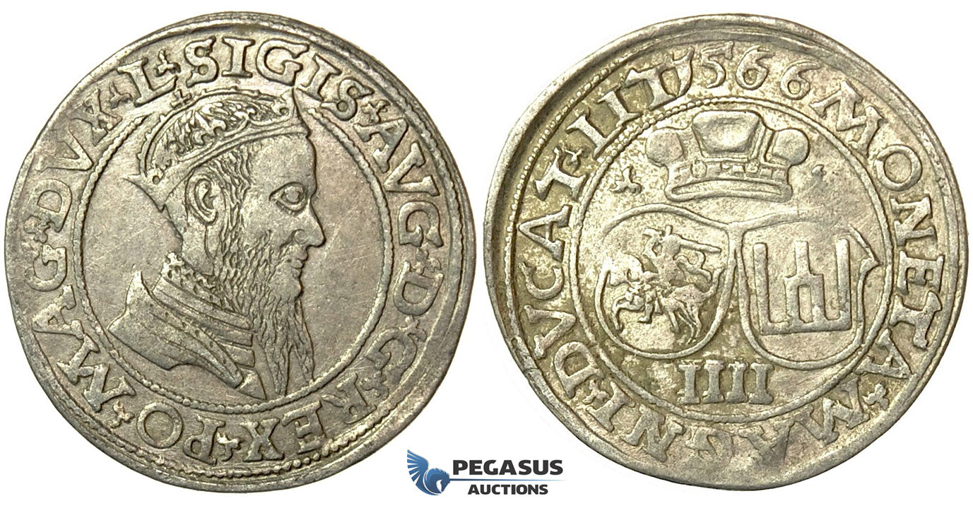 T128, Poland (for Lithuania) Sigismund II Augustus, 4 Groschen 1566-SA, Vilnius, Silver (3.85g)