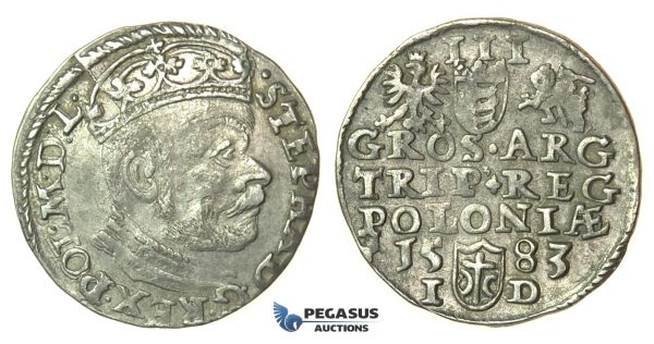 T85, Poland, Stefan Bathory, 3 Groschen (Trojak) 1583 I/D, Olkusz, Silver (2.36g)