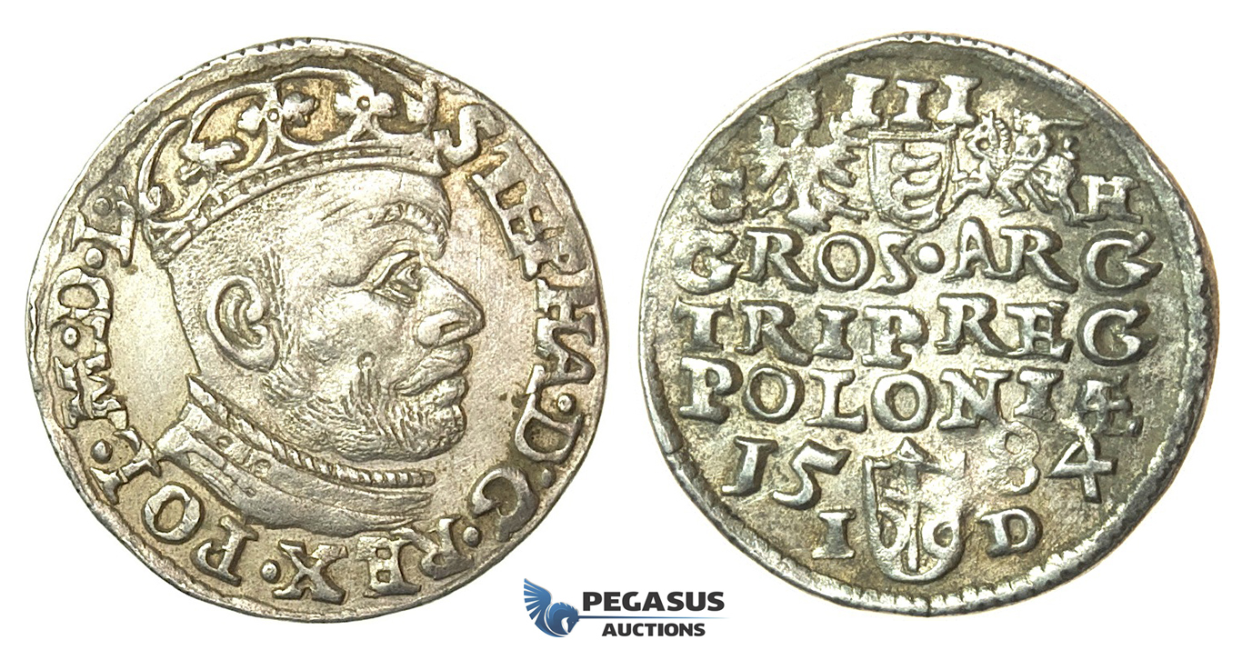 T86, Poland, Stefan Bathory, 3 Groschen (Trojak) 1584 G/H-I/D, Olkusz, Silver (2.49g) Rare!