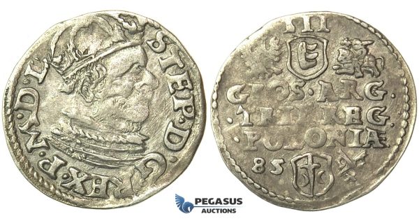 T88, Poland, Stefan Bathory, 3 Groschen (Trojak) 1585, Poznan (Posen) Silver (2.15g)