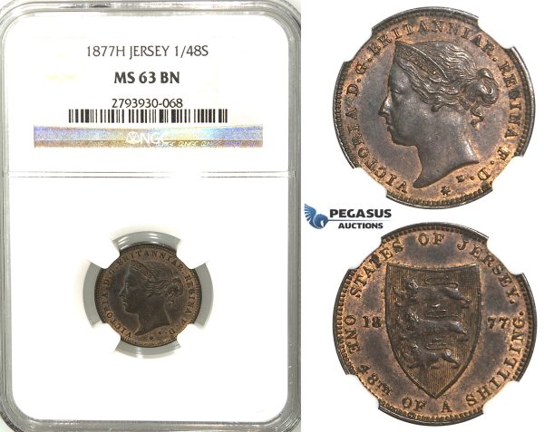 U06, Jersey, Victoria, 1/48 Shilling 1877-H, Heaton, NGC MS63BN