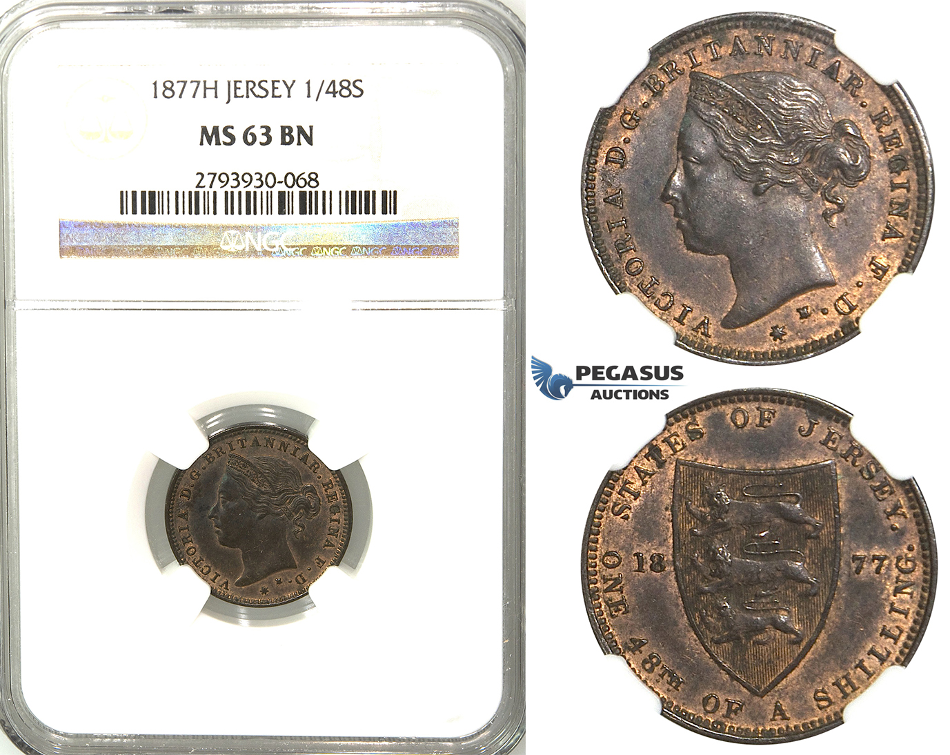 U06, Jersey, Victoria, 1/48 Shilling 1877-H, Heaton, NGC MS63BN