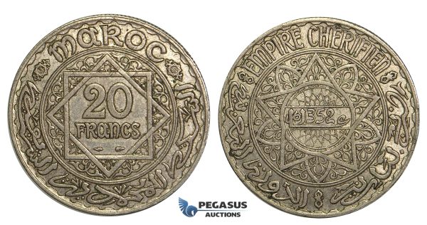 U09, Morocco, 20 Francs AH1352, Paris, Silver, Nice!