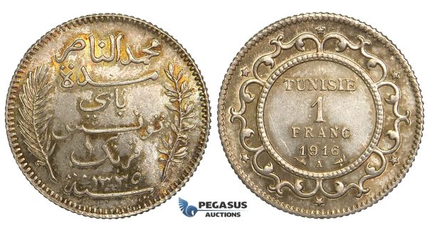 U20, Tunisia, 1 Franc 1916-A, Paris, Silver, Toned UNC (Light scratches)
