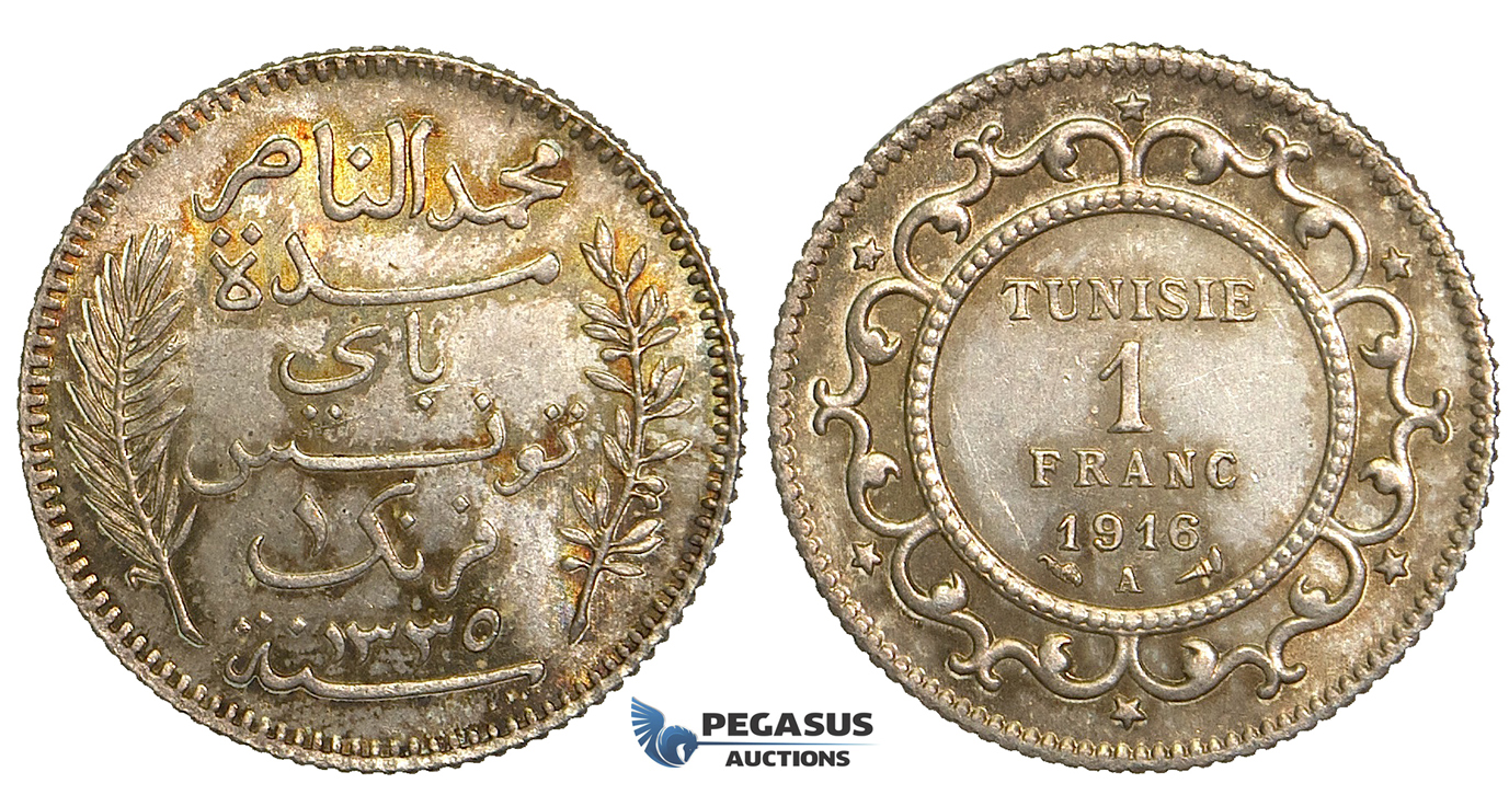U20, Tunisia, 1 Franc 1916-A, Paris, Silver, Toned UNC (Light scratches)