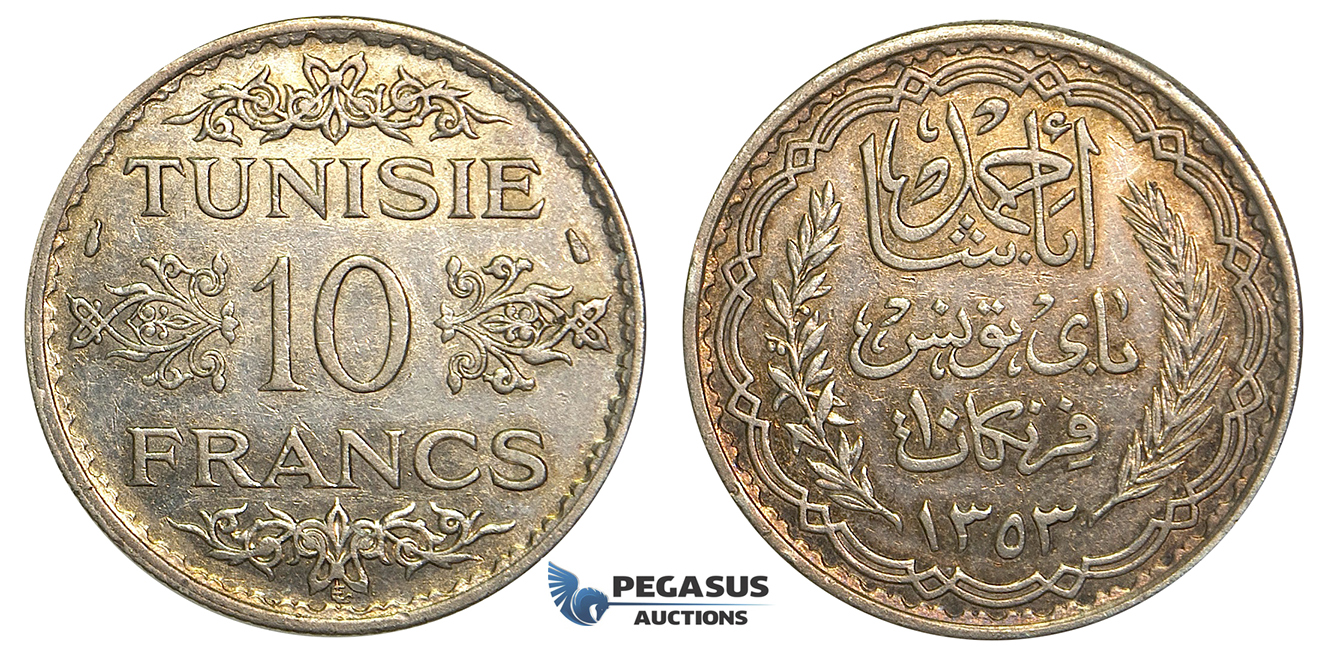 U21, Tunisia, Ahmad Pasha Bey, 10 Francs AH1353 (1934) Paris, Silver, High Grade with lovely toning!
