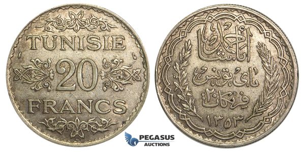 U22, Tunisia, Ahmad Pasha Bey, 20 Francs AH1353 (1934) Paris, Silver, Nice!
