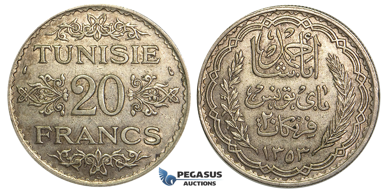 U22, Tunisia, Ahmad Pasha Bey, 20 Francs AH1353 (1934) Paris, Silver, Nice!