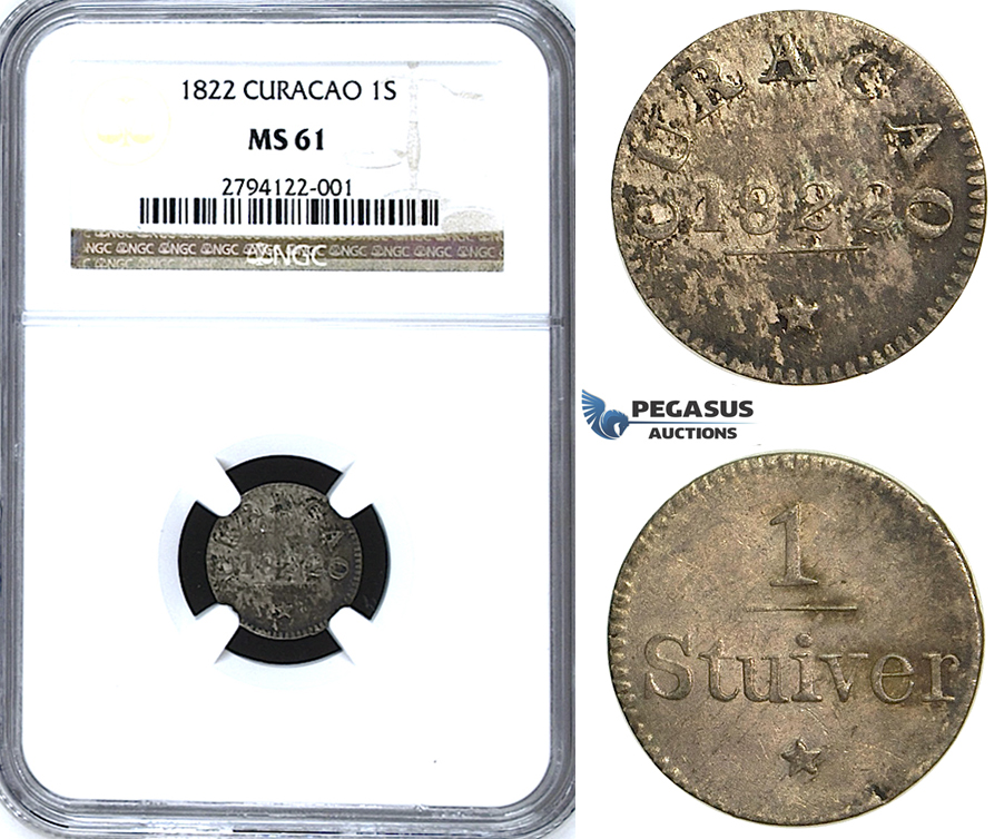 U31, Curacao, 1 Stuiver 1822, Silver, NGC MS61
