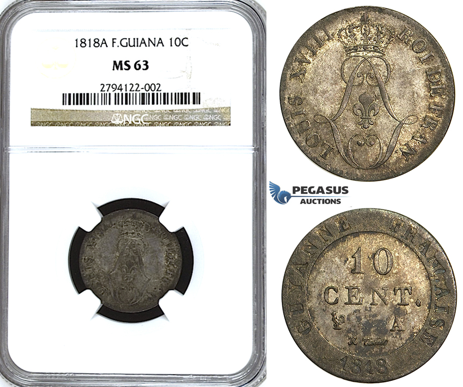 U32, French Guyana, Louis XVIII, 10 Centimes 1818-A, Silver, NGC MS63