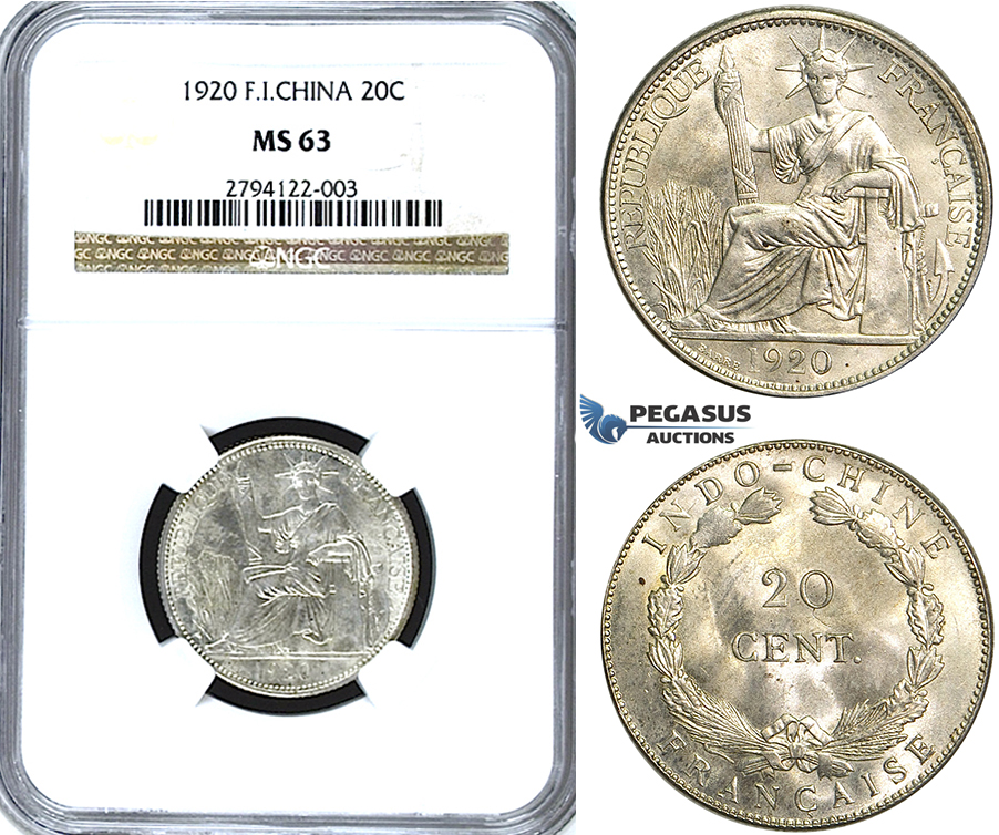 U34, French Indo-China, 20 Centimes 1920, San Francisco, Silver, NGC MS63
