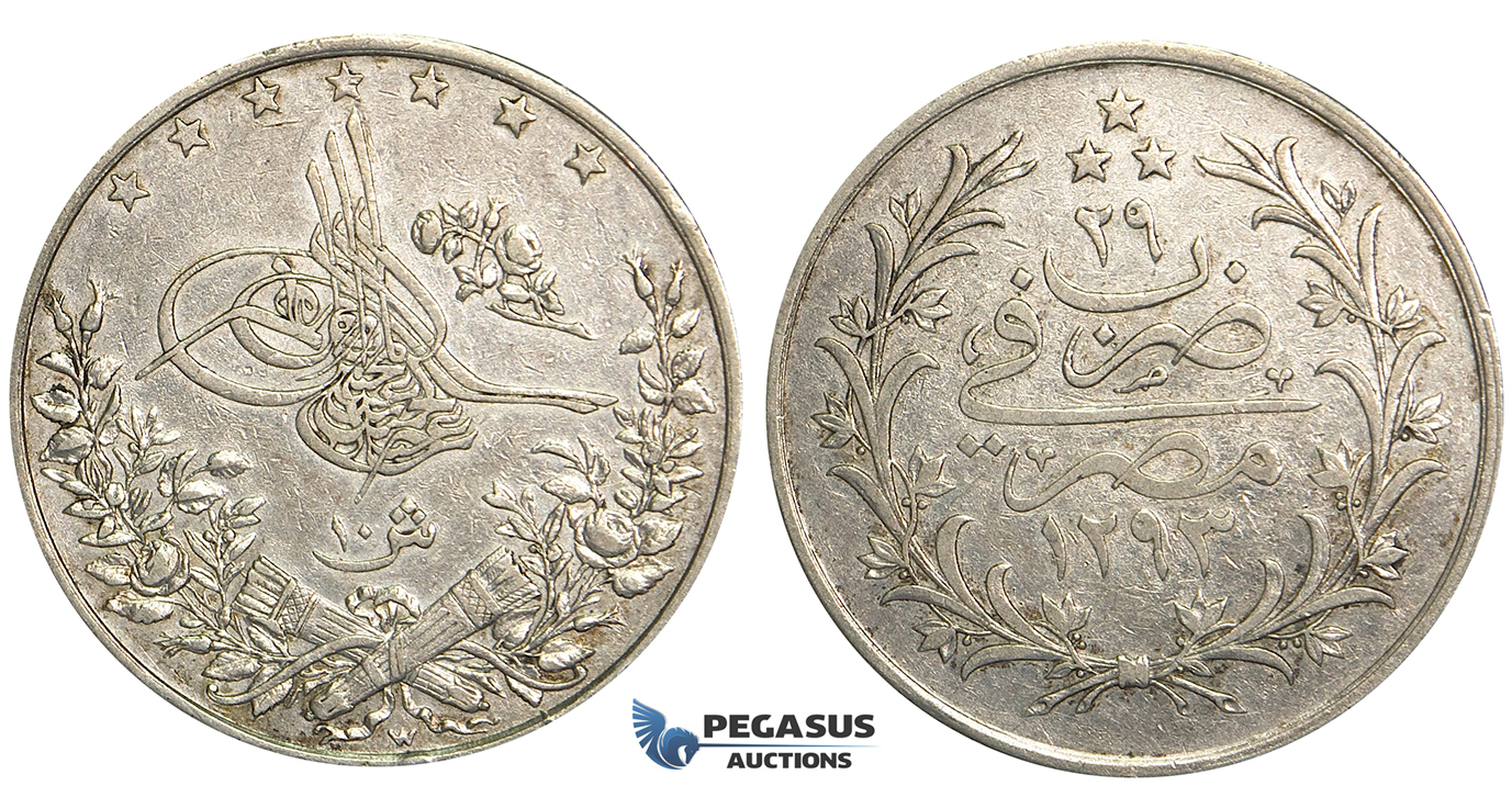 U35, Ottoman Empire, Egypt, Abdülhamid II, 10 Qirsh AH1293/29, Misr, Silver, Nice!