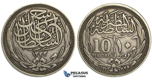 U36, Egypt, Hussein Kamil, 10 Piastres AH1335 (1917) Silver, Nice!
