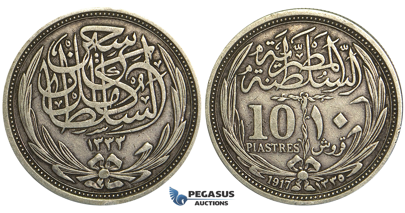 U36, Egypt, Hussein Kamil, 10 Piastres AH1335 (1917) Silver, Nice!