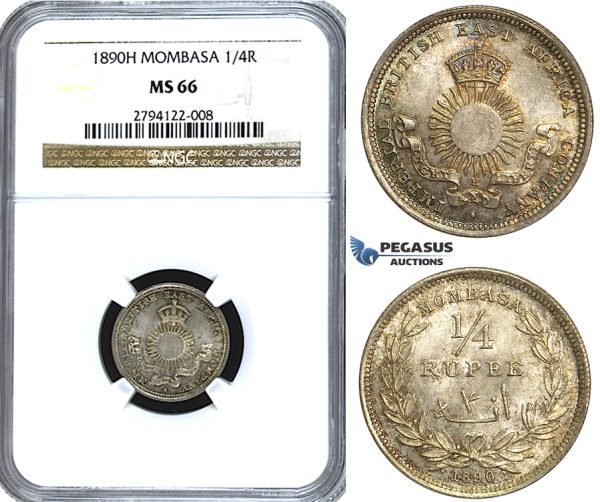U46, Mombasa, 1/4 Rupee 1890-H, Heaton, NGC MS66 (Pop 1/4) Rainbow Toning!