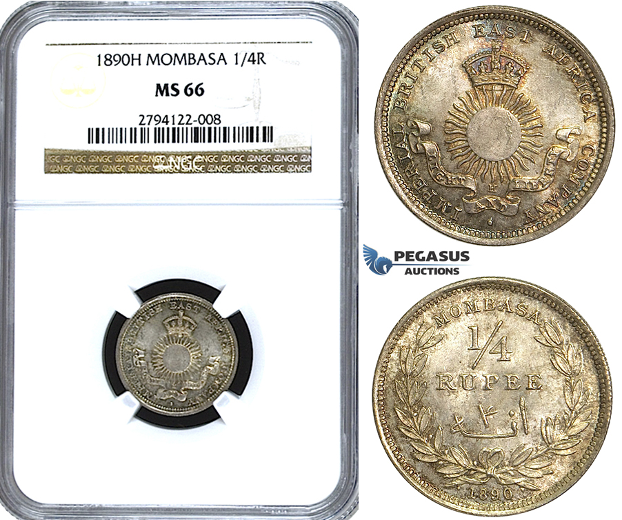U46, Mombasa, 1/4 Rupee 1890-H, Heaton, NGC MS66 (Pop 1/4) Rainbow Toning!