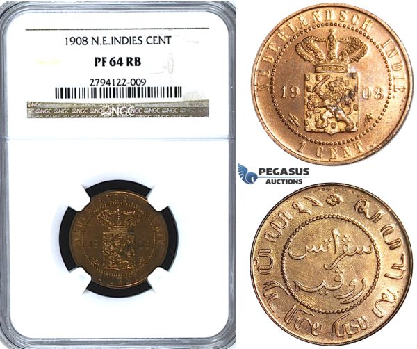 U47, Netherlands East Indies (Malay Archipelago) Wilhelmina, 1 Cent 1908, Utrecht, NGC PF64RB (Pop 1/2) Rare!