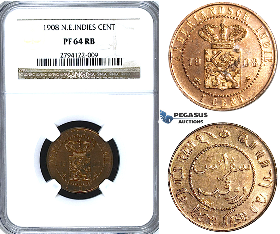 U47, Netherlands East Indies (Malay Archipelago) Wilhelmina, 1 Cent 1908, Utrecht, NGC PF64RB (Pop 1/2) Rare!