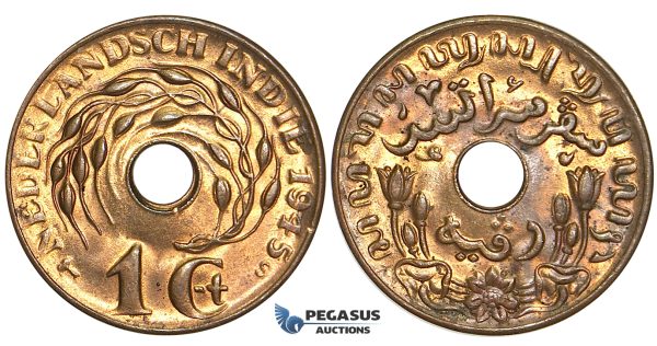 U48, Netherlands East Indies (Malay Archipelago) Wilhelmina, 1 Cent 1945, San Francisco, UNC