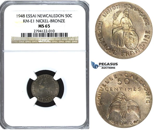 U49, New Caledonia (French Colony) ESSAI 50 Centimes 1948, Paris, NGC MS65 KM-E1
