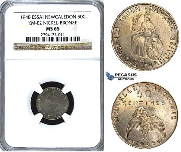 U50, New Caledonia (French Colony) ESSAI 50 Centimes 1948, Paris, NGC MS65 KM-E2