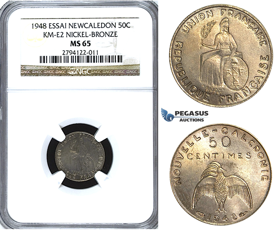 U50, New Caledonia (French Colony) ESSAI 50 Centimes 1948, Paris, NGC MS65 KM-E2