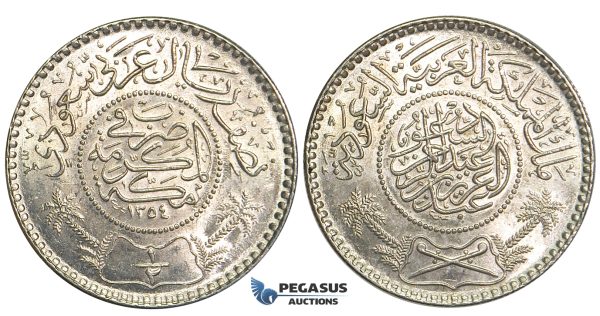 U59, Saudi Arabia, Abd Al-Aziz Bin Sa'ud, 1/2 Riyal AH1354, Silver, UNC