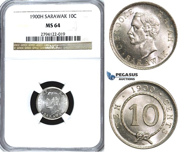 U60, Sarawak, C. Brooke Rajah, 10 Cents 1900-H, Heaton, Silver, NGC MS64 (Pop 1/4) Rare Grade!