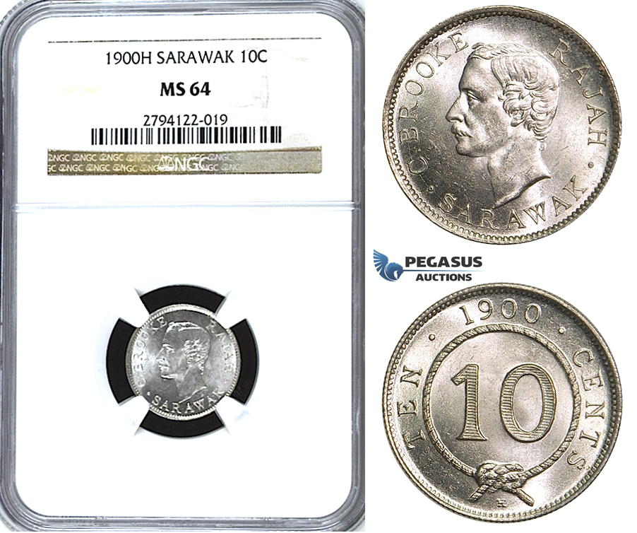 U60, Sarawak, C. Brooke Rajah, 10 Cents 1900-H, Heaton, Silver, NGC MS64 (Pop 1/4) Rare Grade!