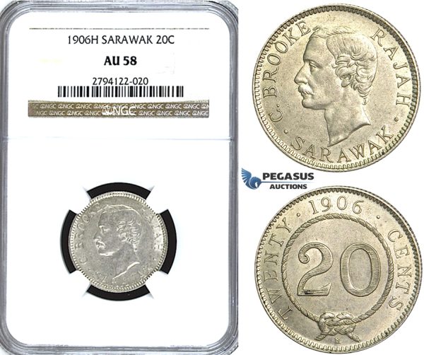 U61, Sarawak, C. Brooke Rajah, 20 Cents 1906-H, Heaton, Silver, NGC AU58 (Pop 1/1, Finest!) Rare!